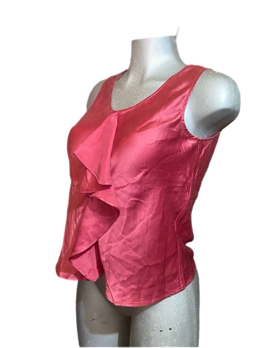Anne Klein Pure Silk Blouse Cami Ruffle  Front Sleeveless Rose Pink V-Neck Shell
